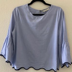 ZARA Scallop Contrast Embroidery Bell Sleeved Boxy Top